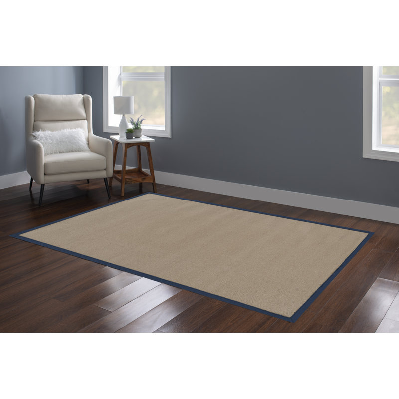 Nannette Handmade Dark Beige Berber with Navy Blue Cotton Border Made in the USA Area Rug, Rectangle 5' x 8'