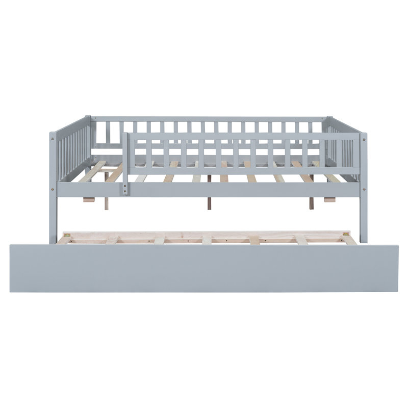 Lit de jour pleine grandeur en bois avec lit gigogne et garde-corps gris, Lit double, Gris