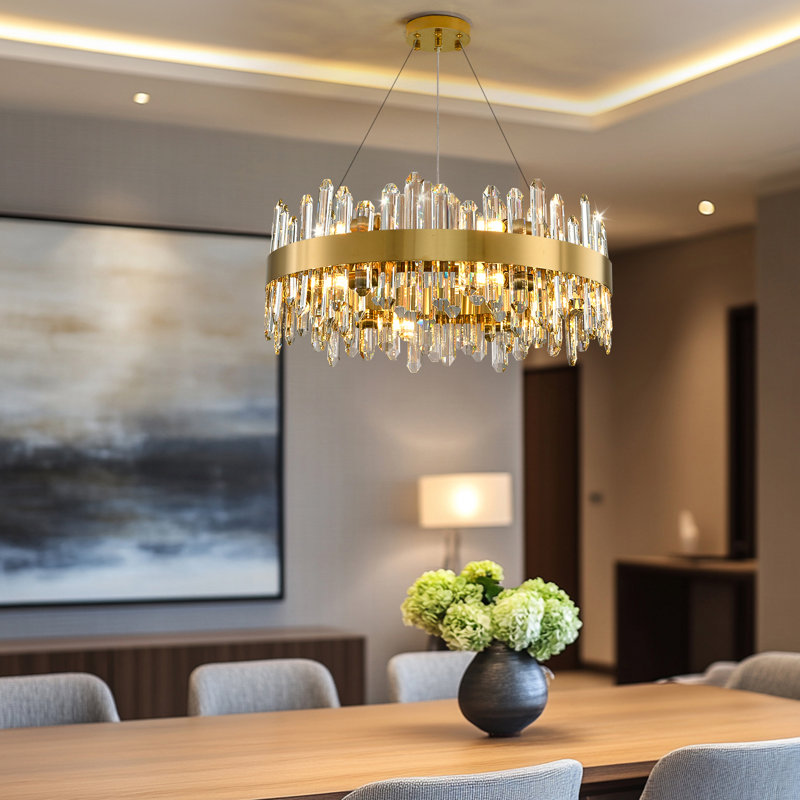 Lustre rond moderne doré à 12 lumières avec accents en cristal Stith, 12 lumières, H 98 po x l 23,62 po x P 23,62 po