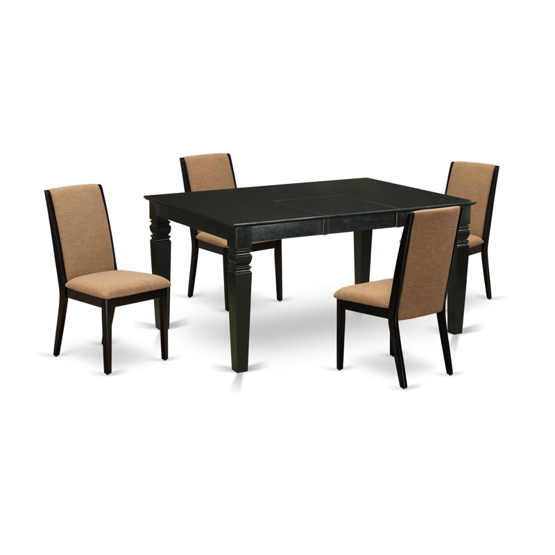 Cet ensemble de salle à manger 5 pièces comprend une table de salle à manger rectangulaire avec feuille papillon et 4 chaises rembourrées en tissu de lin sable noir