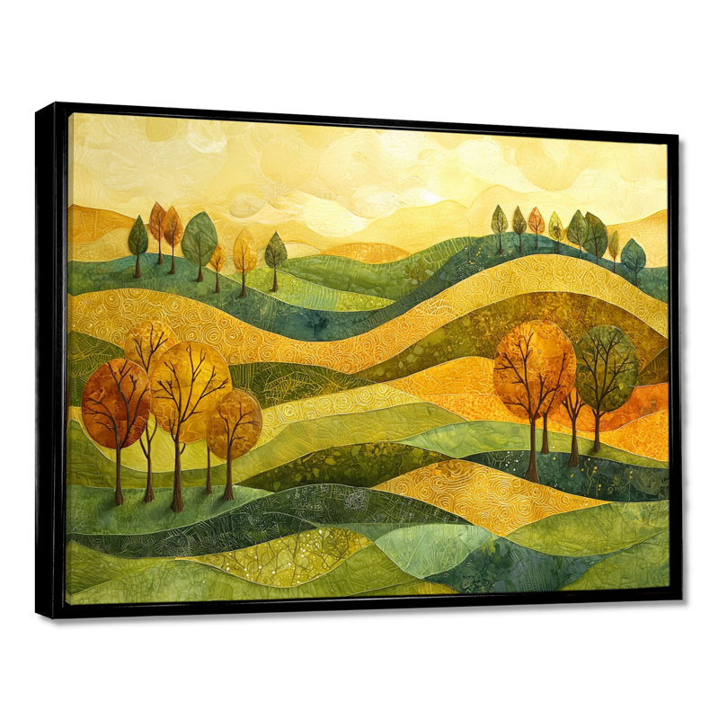 Paysage champêtre doré en automne II - campagne, art mural, H 12 po x l 20 po, Cadre flottant, Noir