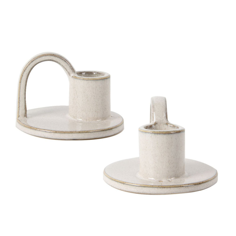 Elise Petite Ceramic Taper Candle Holder Set of 2, Decorative Tabletop Candleholders, White, White