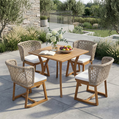 5-Piece Outdoor Dining Set, 1 Acacia Wood Square Table & 4 Wicker Back Chairs with Beige Cushions, Teak Finish Weather Resistant for Garden, Backyard, Patio