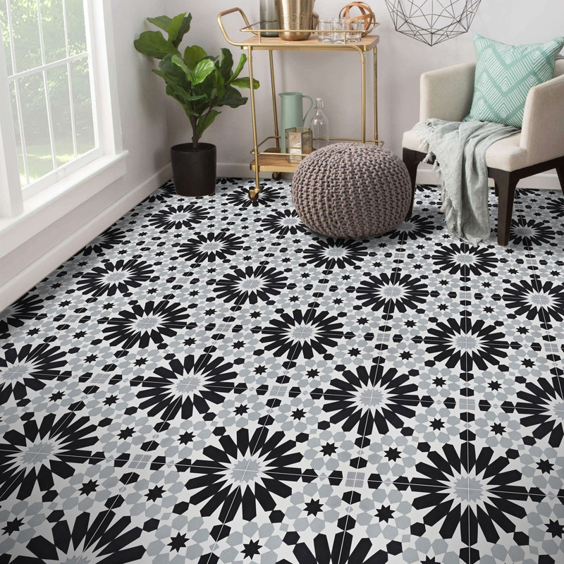 Agdal 8" x 8" Cement Patterned Wall & Floor Tile, Black/Gray