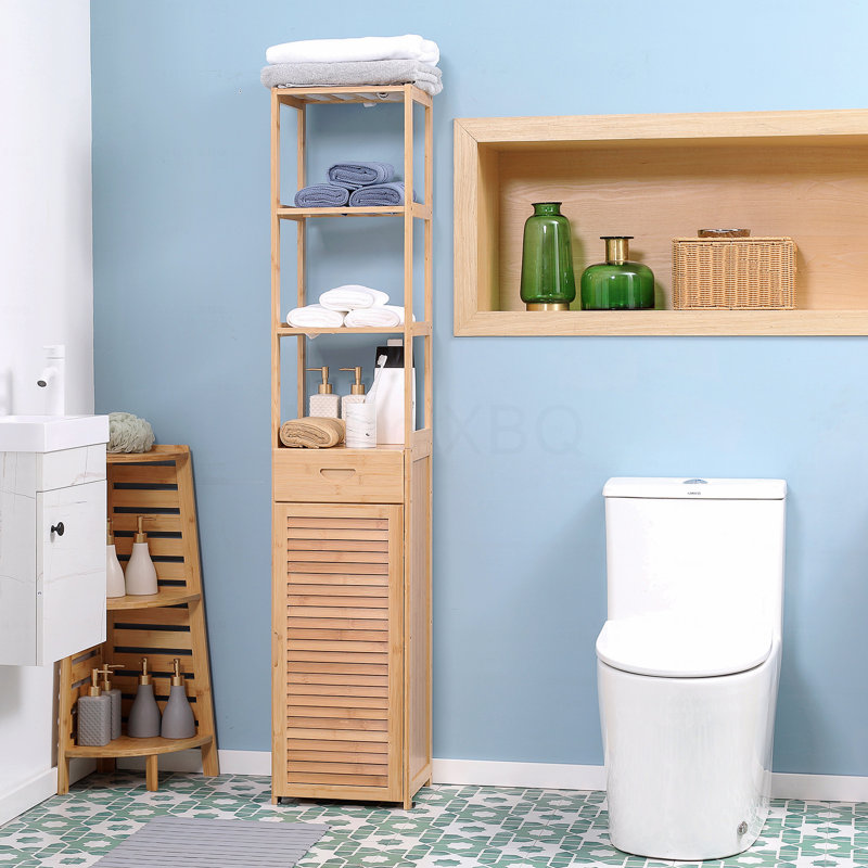 Tall Bathroom Cabinet With Drawer And Slatted Shelves, Slim Bamboo Linen Tower With Louvered Door