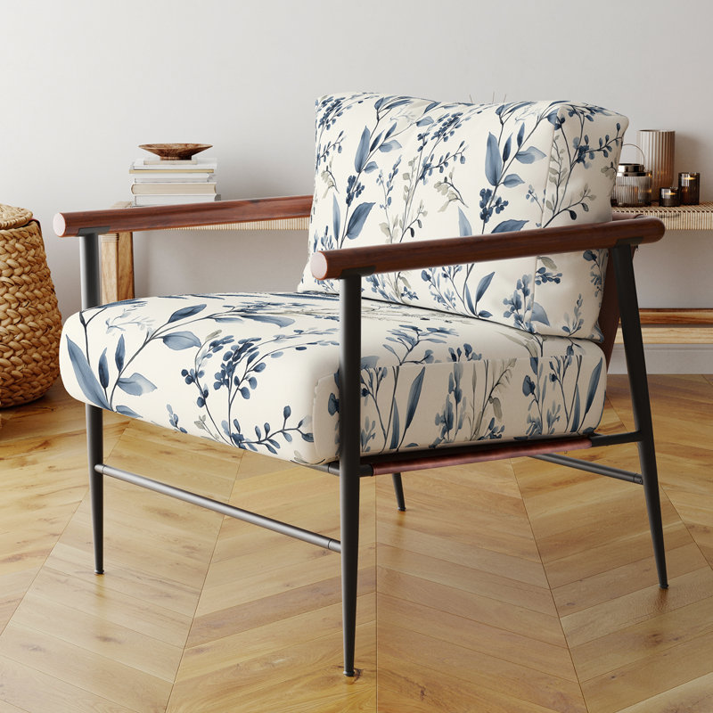 Chaise rembourrée Country Farmhouse - Fauteuil Botanical Toile Blue, Bras ronds bruns