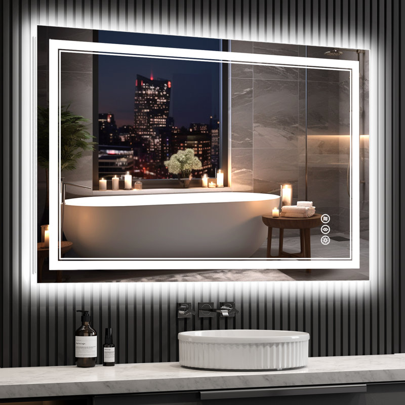 LED Lighted Bathroom Mirror: Front and Backlit, Tempered Glass, 3 Colours, Dimmable, CRI 90+, Defog, 32" x 48"