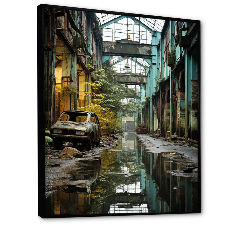 Paysage industriel, sarcelle, transformation sur toile, H 44 po x l 34 po x P 1,5 po, Cadre flottant noir