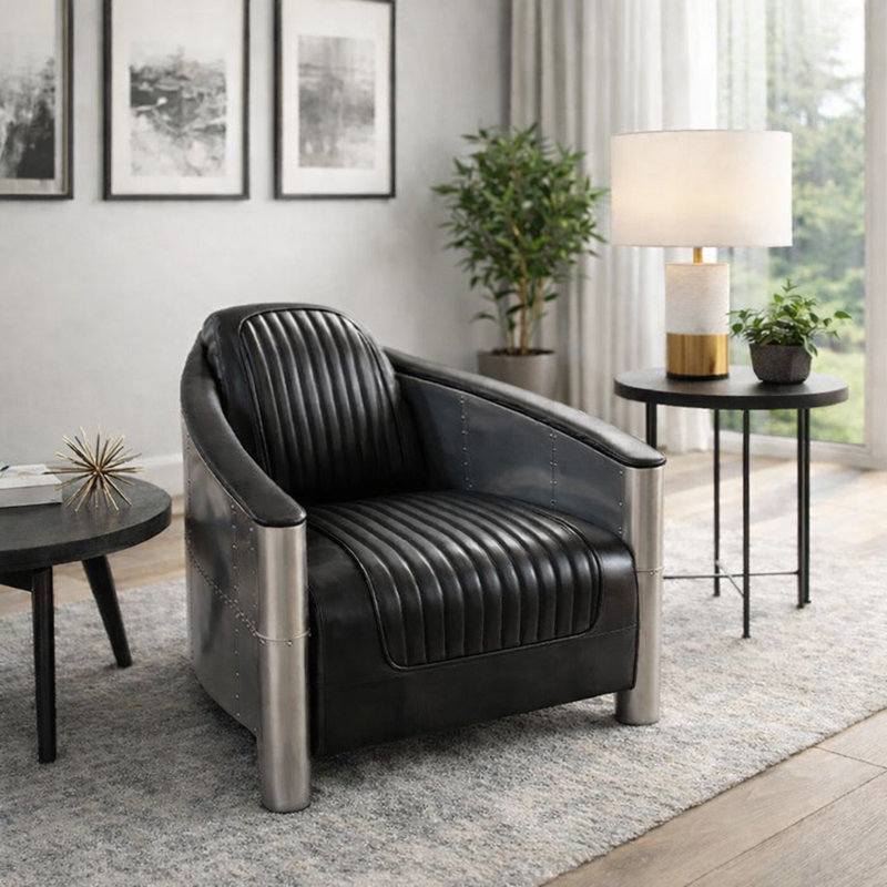 Arionah Faux Leather Barrel Chair, Black Faux Leather