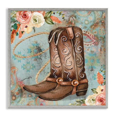 Cowboy bottes Western Paisley Florals - cadre flottant, impression sur bois