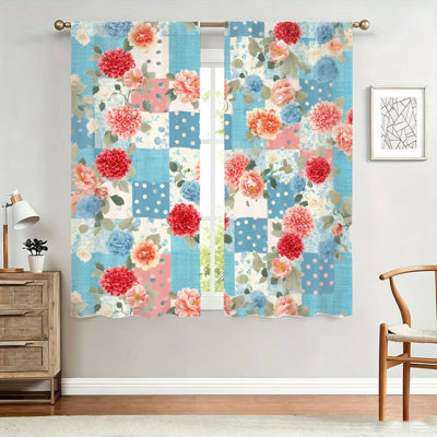 2 pièces de rideaux à imprimé floral patchwork, style rétro, tissu filtrant la lumière, habillages de fenêtre décoratifs pour salon, chambre à coucher, balcon, cuisine, décoration intérieure