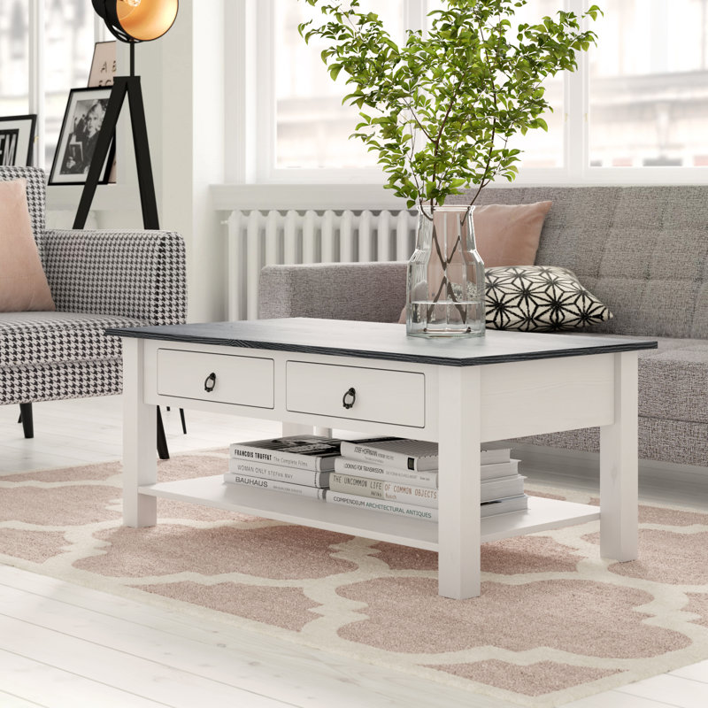 Embry Solid Wood Four Leg Coffee Table with Storage, Grey, White