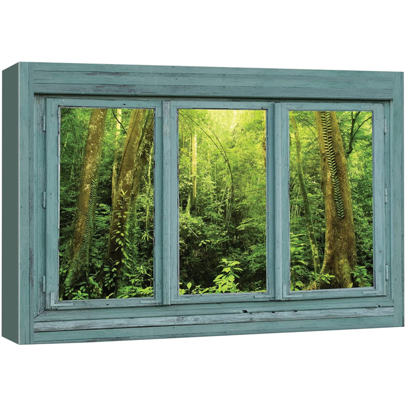"Fenêtre rétro bleu sarcelle donnant sur une jungle verte" sur toile, H 16 po x l 24 po