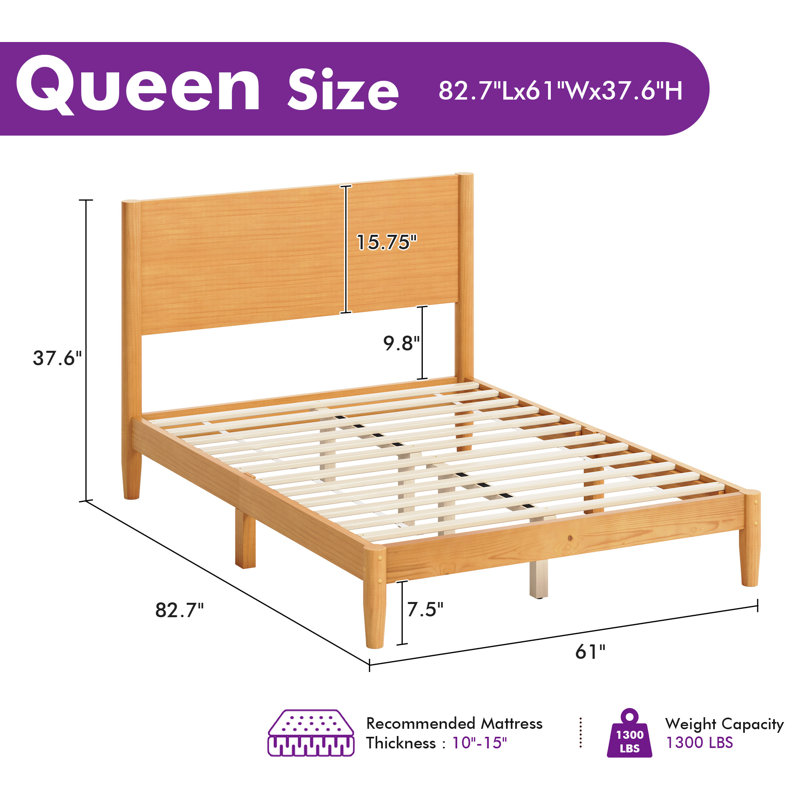 Mid Century Solid Wood Platform Queen Bed Frame With Wood Slat Support, Natural, Natural, Queen