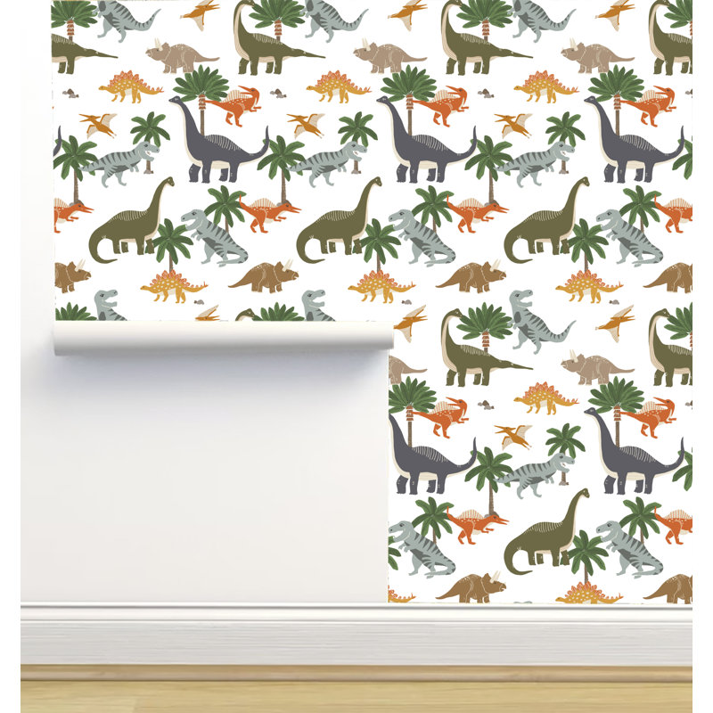Neritan Peel & Stick Animal Print Wallpaper, Dinosaurs White