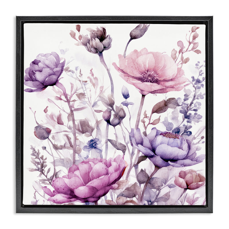 Cadre flottant fleurs mauves et roses, design par Kim Lewis, H 18 po x l 18 po, Cadre flottant noir de jais