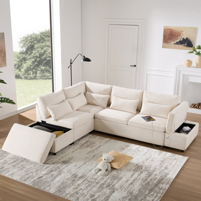 [VIDEO]96.5'' L-Shaped Sectional Sofa With Storage Ottoman And Pockets, Adjustable Phone Holder, USB Charger, Elephant Ear-Shaped Armrests, Comfy Seat For Living Room&Apartment, Chenille, 3 Colors