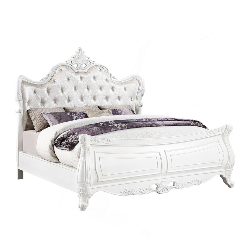 Lit de style moderne Opulence en bois blanc perle, Grand lit