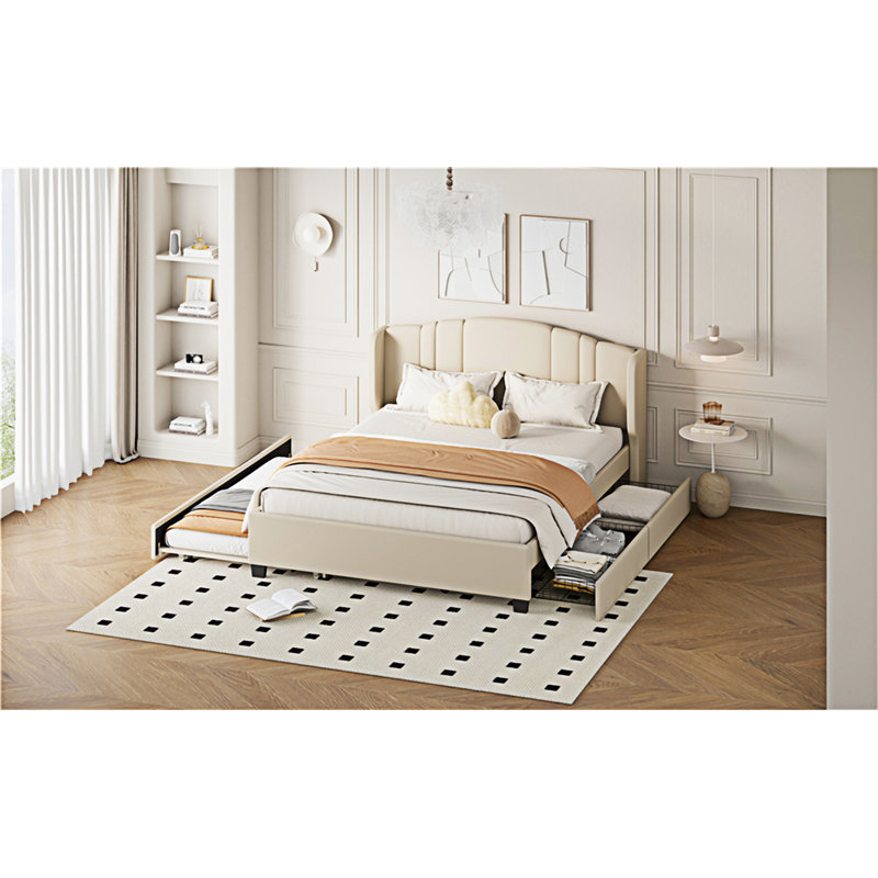 Upholstered Platform Bed With Wingback Headboard, Beige