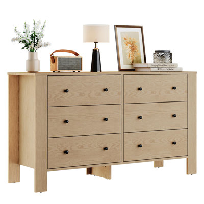 Commode moderne à 6 tiroirs – Meuble de rangement large en chêne avec tiroirs profonds et poignées en métal – Meuble de rangement en bois pour chambre d'enfant, entrée ou chambre de bébé – Couleur : Jaune amande