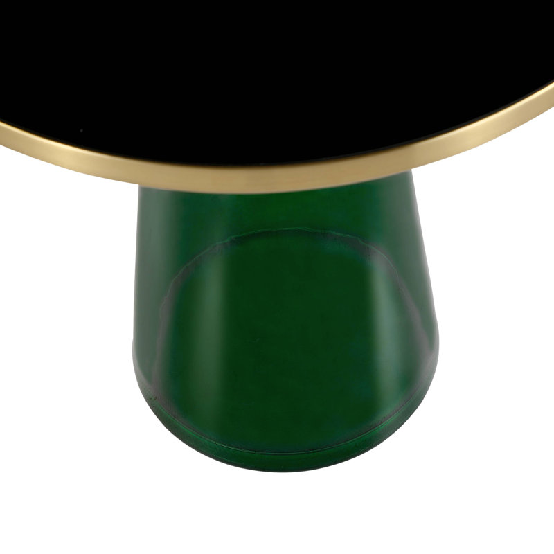 19" Round Side End Table Glass/Sintered Stone Top With Brushed Gold Rim And Tempered Glass Base, Green, Black 