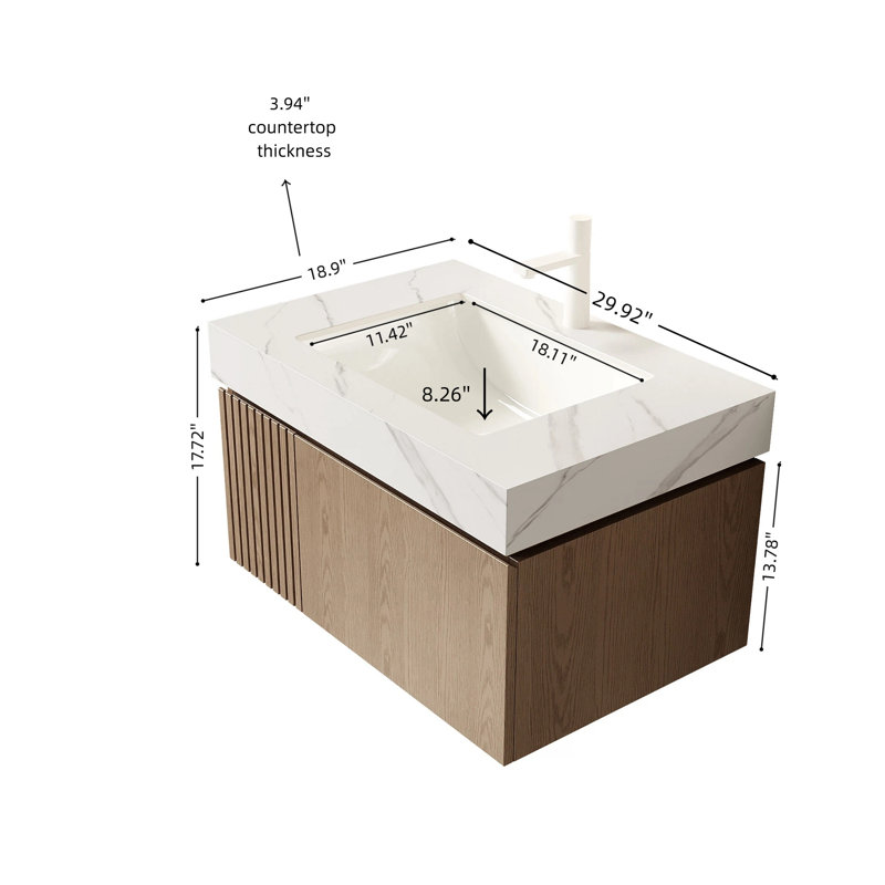 Meuble-lavabo suspendu MURI de 76 cm (30 po) avec comptoir en pierre frittée, lavabo en céramique et rangement à fermeture amortie, finition Heidelberg Woodgrain.