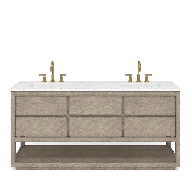 Anslem 72" Carrara White Marble Countertop Bath Vanity in Gray Oak with Faucet and Mirror, Faucet Included, Gold