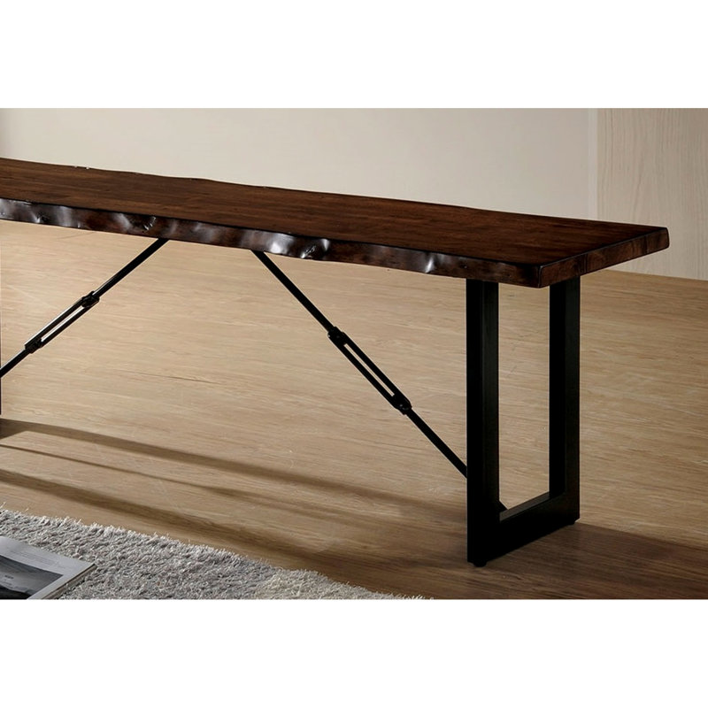 Banc de salle à manger industriel 1pc avec design deux tons, base en métal en U, finition noyer et noire, bordure naturelle en bois massif