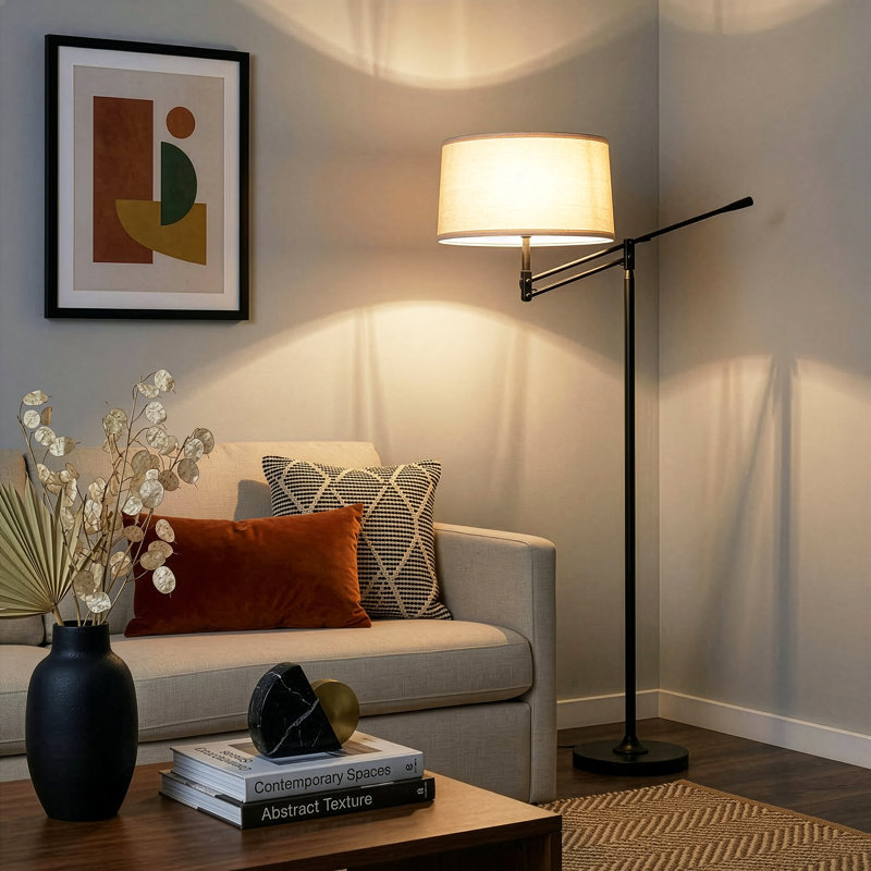 Ava 61 in. Mid-Century Modern Height Adjustable LED Floor Lamp with Fabric Drum Shade