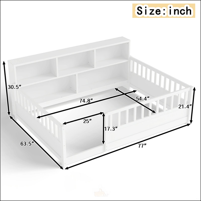 Lit double en bois avec garde-corps et rangement latéral pour les chambres modernes et fonctionnelles, Blanc
