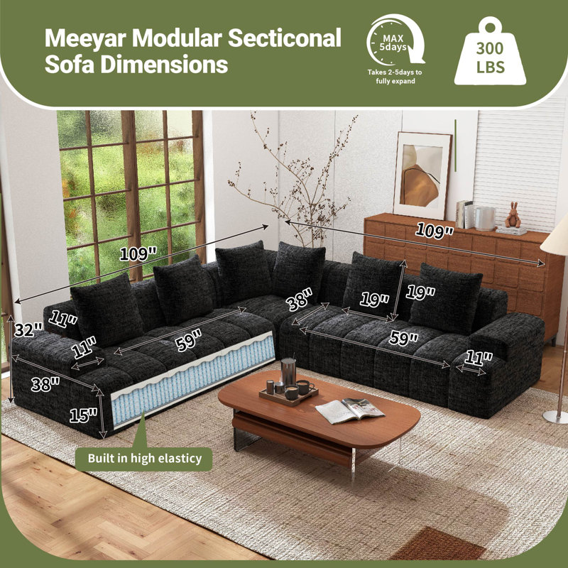 Canapé modulaire en chenille avec méridienne en L 108 po avec méridienne Boneless, Noir
