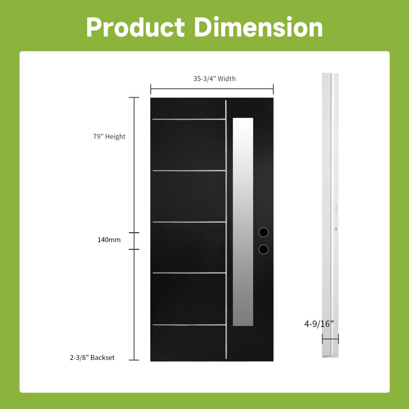 Porte d'entrée moderne en fibre de verre noire, 36 po x 80 po, avec conception démontable avec verre givré vertical et rainures horizontales