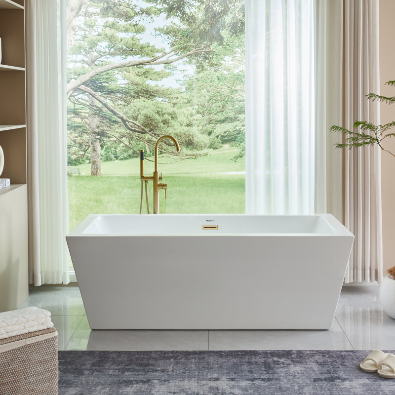 67" x 32" Freestanding Soaking Acrylic Bathtub, White/Titanium Gold