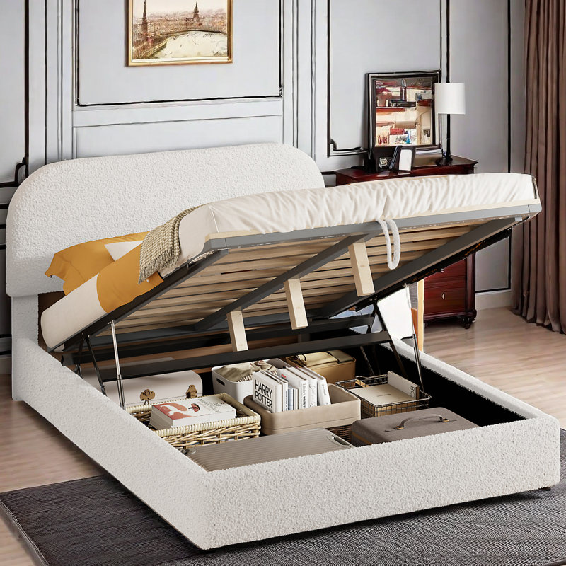 Semmie Upholstered Platform Bed with Hydraulic Storage System, Full , White