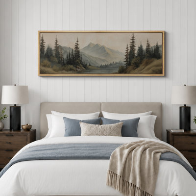 «Misty Mountain Lake with Pine Forest», reproduction d'art sur toile encadrée très grande