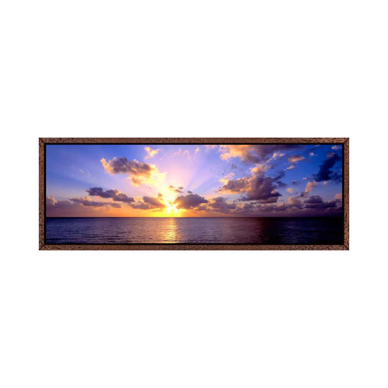 Sunset 7 Mile Beach Cayman Islands Caribbean - Panoramic Print on Canvas, Classic Brown Wood Framed, 30.48 cm H x 91.44 cm W