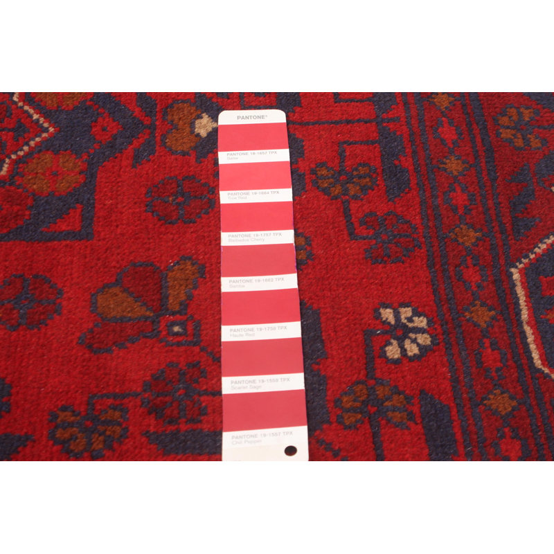 Tapis rouge en laine noué à la main de conception unique 4 pi 11 po x 6 pi 4 po nouvel âge Monsita