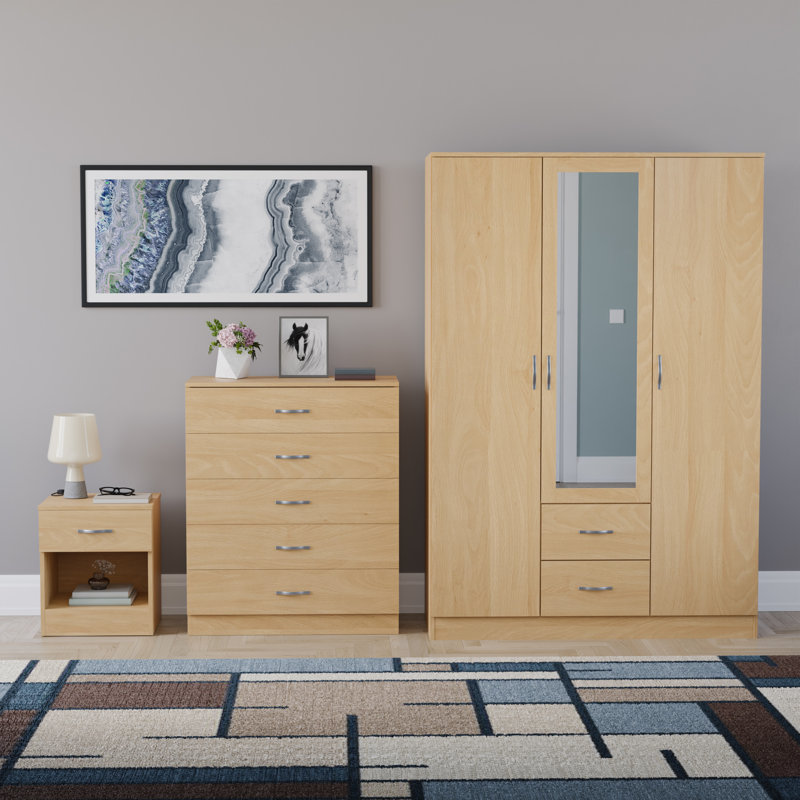Maybery 3 Piece Bedroom Set (1 Drawer Bedside Chest, 5 Drawer Chest, 3 Door 2 Drawer Mirrored Wardrobe), (5), Pine