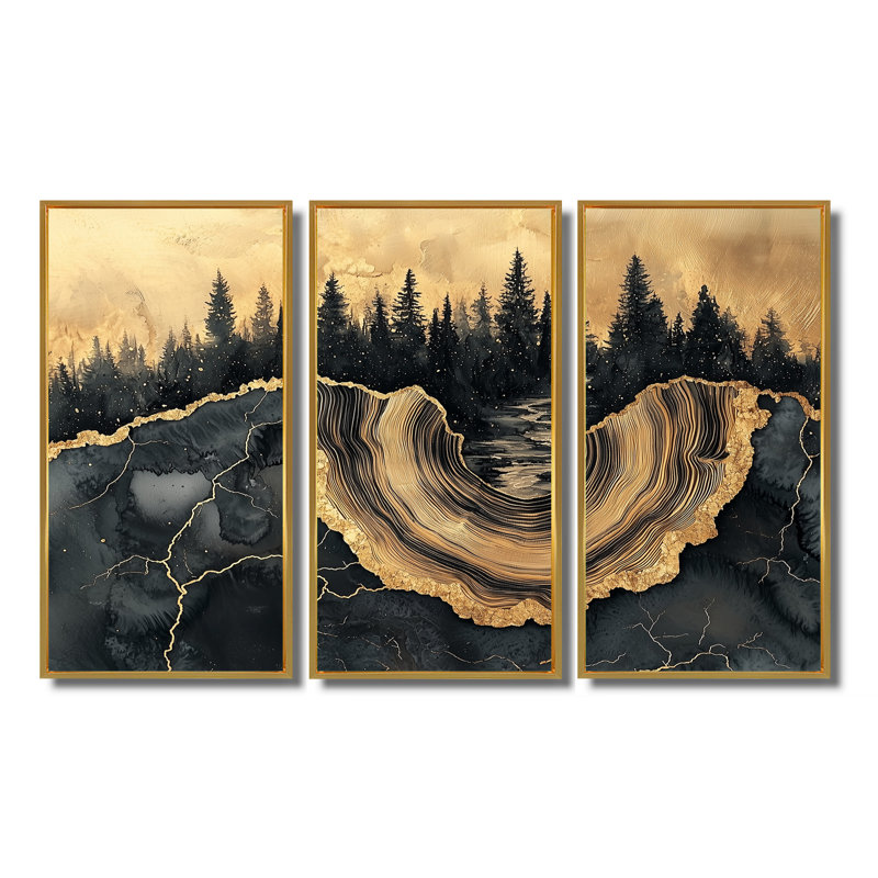 Forêt forêt de cristal onyx noir V - art mural forêt - ensemble de 3, H 40 po x l 60 po, Doré