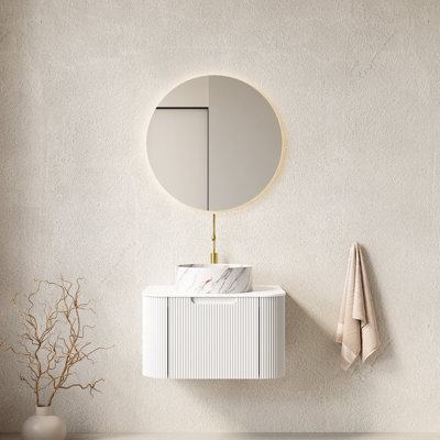 Meuble-lavabo moderne de 24 po avec lavabo en céramique blanche de haute qualité, armoire à finition rayée 3D, plateau en pierre frittée, rangement spacieux et conception de meuble-lavabo flottant pré-assemblé, motif en contreplaqué mat