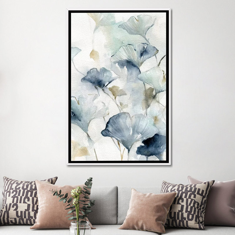 «Indigo Gingko II» par Carol Robinson - reproduction d'art, H 60 po x l 40po x P 1,5 po, Toile blanche encadrée, Pas de tapis
