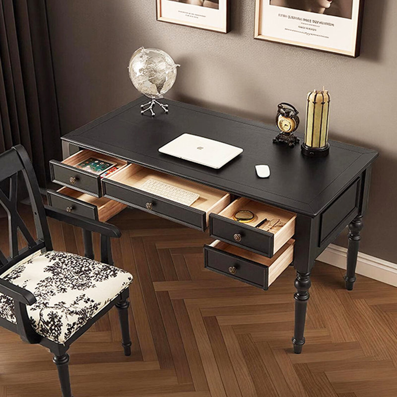 Bureau rectangulaire en bois massif noir avec 5 tiroirs, H 30,71 po x l 62,99 po x P 29,92 po
