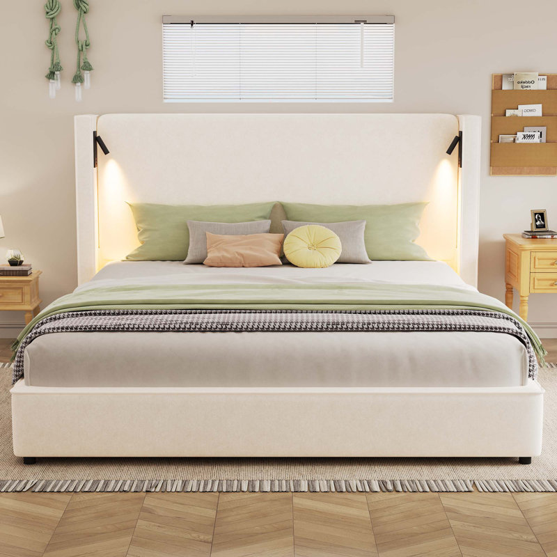 Base de lit rembourrée avec tête de lit haute à oreilles, lampe de lecture et port USB, Très grand lit