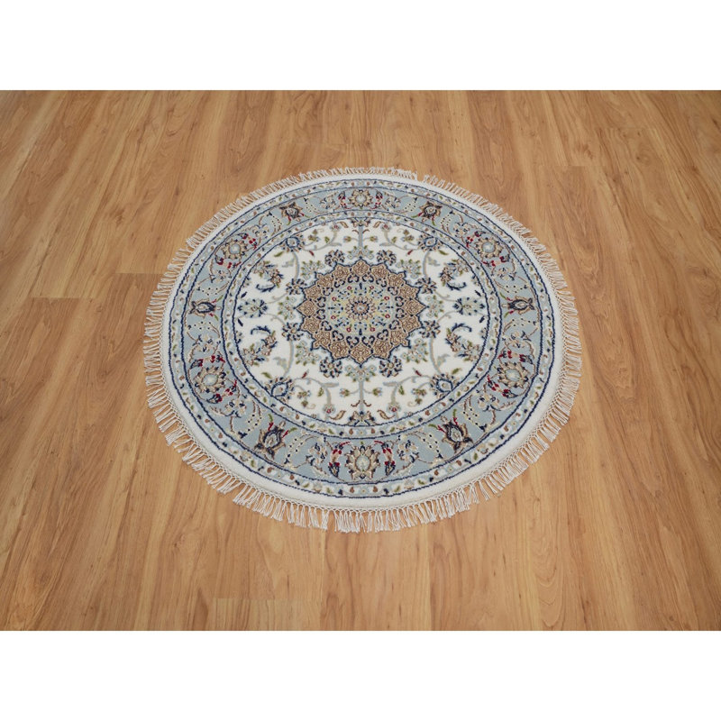 Tapis oriental rond 3 pi 3 po x 3 pi 3 po Nain avec motif de médaillon de fleurs, noué à la main, 250 KPSI, velours doux, laine et soie, tapis oriental