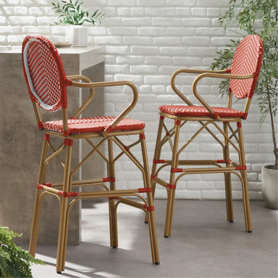 Ensemble de 2 tabourets de bar d'extérieur en osier et aluminium 29,5 po, rouge, finition bambou