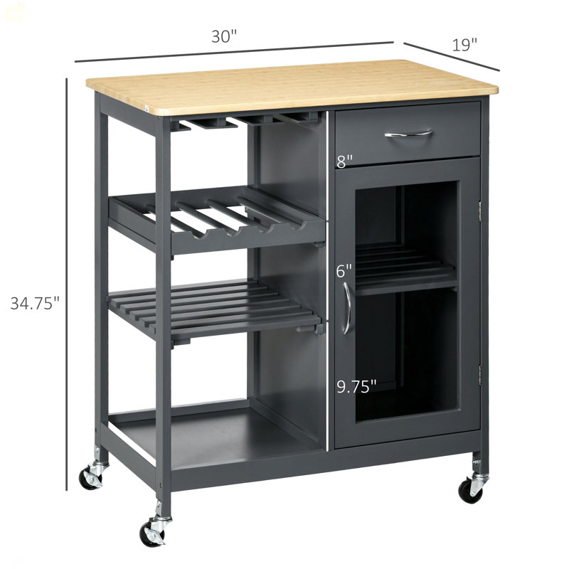 Îlot de cuisine roulant avec rangement, chariot de cuisine avec support à vin pour 4 bouteilles, chariot de bar avec porte-verres à pied, tablettes, tiroir et armoire