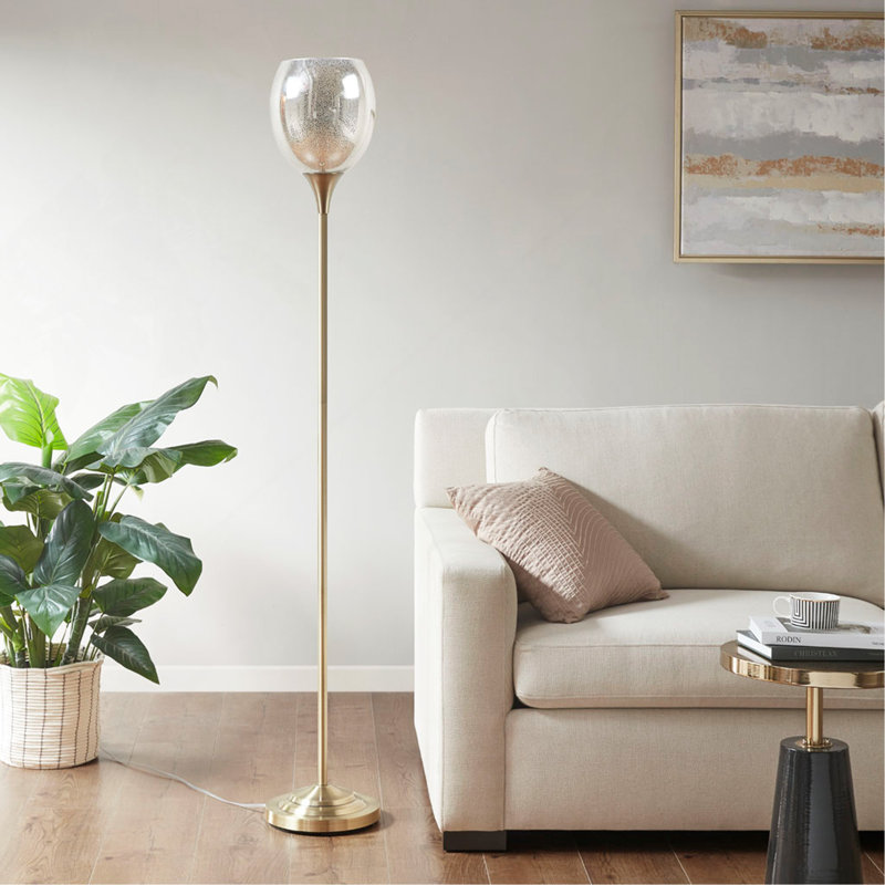 Lampe sur pied en laiton antique avec éclairage indirect, abat-jour en verre mercurisé de 170 cm de hauteur et interrupteur au pied