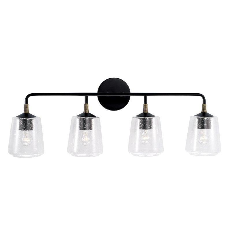Meuble-lavabo 4 lumières l 31,5 po x H 11,5 po noir mat avec laiton et verre ensemencé transparent
