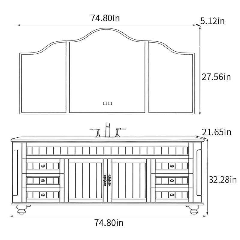 Armoire de salle de bain américaine, H 32,28 po x l 74,8 po x P 21,65 po, Noir