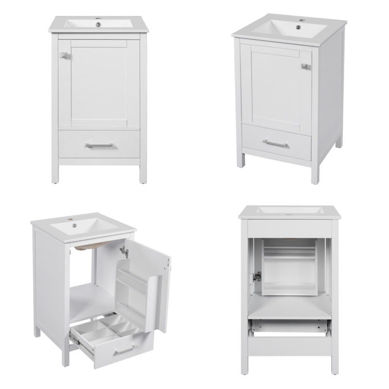 Meuble-lavabo moderne de 20 pouces avec lavabo en céramique, tiroirs et portes à fermeture douce et support de rangement intérieur à deux niveaux, blanc